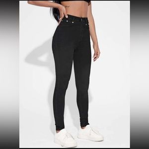 SHEIN Unity High Waisted Zip Up Skinny Jeans (Black, M)